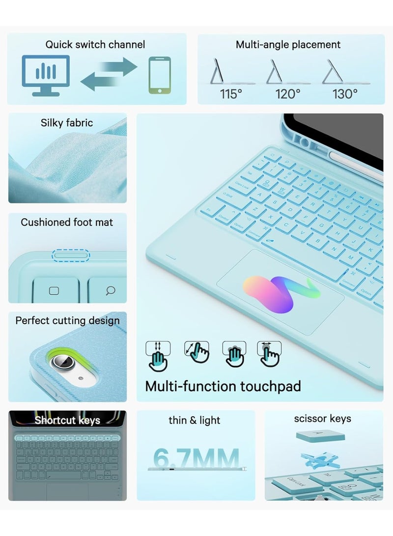 GEBSMY Arabic/English Keyboard Case for iPad (A16) 11th/10th Gen (2025/2022), 7-Color Backlight, Multi-Touch Trackpad, Flip Stand Case with Pencil Holder, 2 Bluetooth Channels - Image 3